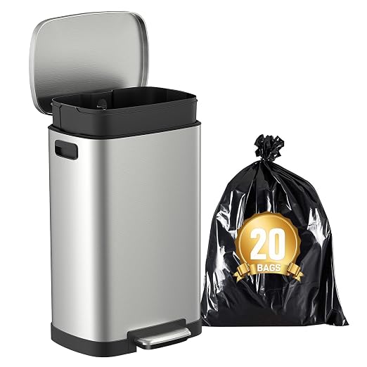 Dog Poop Trash Can Outside, 50L/13 Gal Waterproof & Odor Control Outdoor Trash can, Stainless Steel Dog Waste Container with Foot Pedal & Lid, Heavy-Duty Pet Poop Bucket for Patio（Silver）