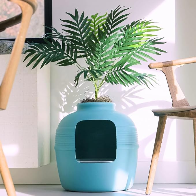 Good Pet Stuff Original Hidden Litter Box Planter, Decorative Cat Litter Enclosure with Carbon Filter, Artificial Palm Plant, Upgraded Design, Easy Clean Litter Tray, Essentials Kit, Caribbean Blue