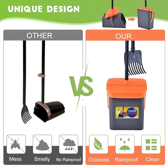 Dog Pooper Scooper for Large Dogs, 46" Long Handle Adjustable Pooper Scooper for Large Dogs，Dog Pooper Scooper with 75 Waste Bags，Large Capacity Swivel Bin & Rake