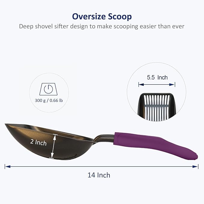 Cat Litter Scoop, Non-Stick Plated Aluminum Alloy Sifter, Kitty Durable Metal Scooper, Deep Shovel, Long Handle, Kitten Pooper Lifter, Size Large, Coated Black Body with Violet Handle