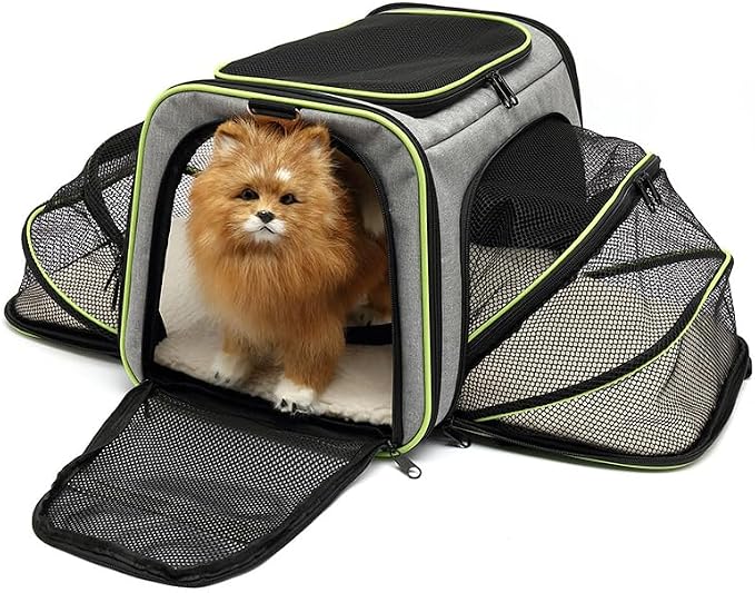 Expandable Cat Carrier Pet Carrier with 2 Extensions,Airline Approved Soft-Sided Portable Dog Travel Washable Carrier for Kittens,Puppies,Removable Soft Plush Mat (Grey Green, Medium)