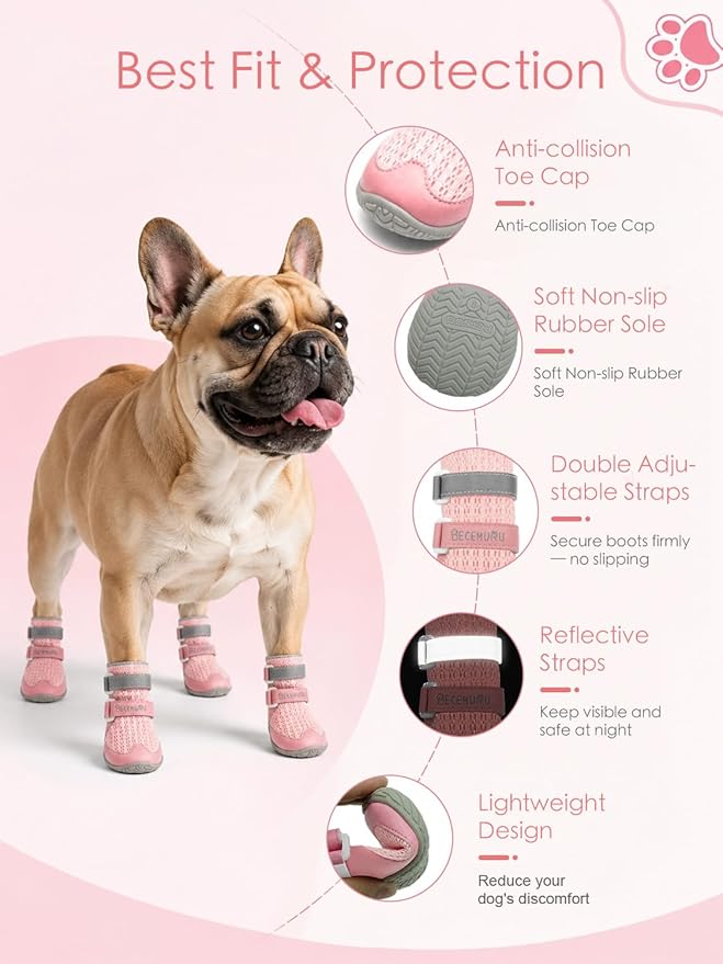 BECEMURU Dog Shoes for Summer, Double-Straps Anti-Slip Dog Boots & Paw Protectors for Hot Pavement, Breathable & Light Weight Outdoor Walking Hiking Pink Size 3