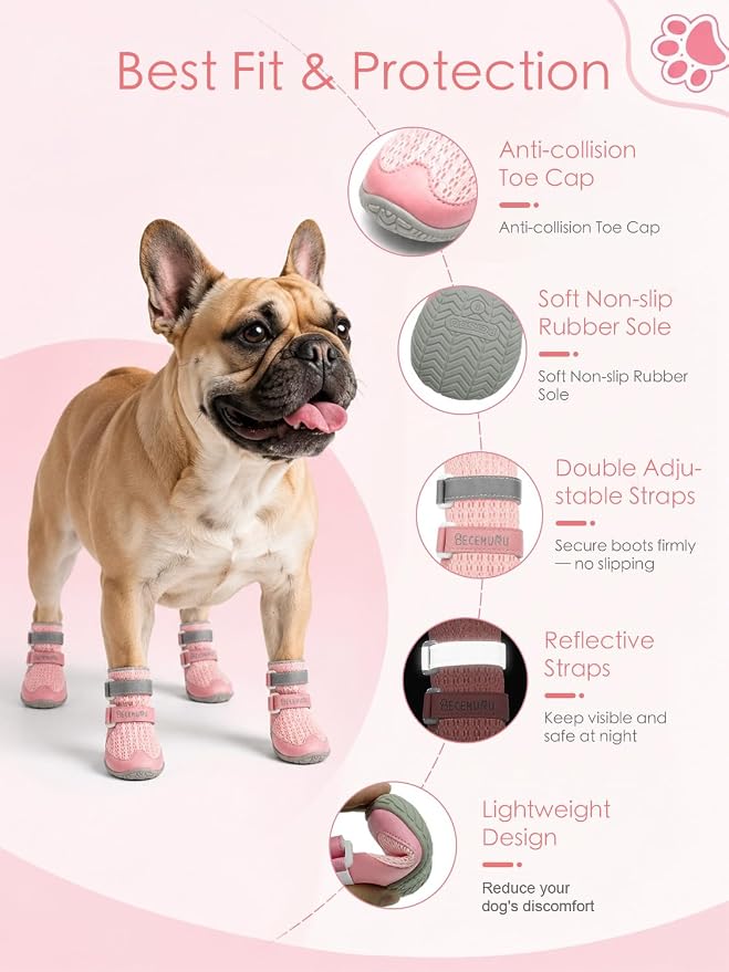 BECEMURU Dog Shoes for Summer, Double-Straps Anti-Slip Dog Boots & Paw Protectors for Hot Pavement, Breathable & Light Weight Outdoor Walking Hiking Pink Size 5