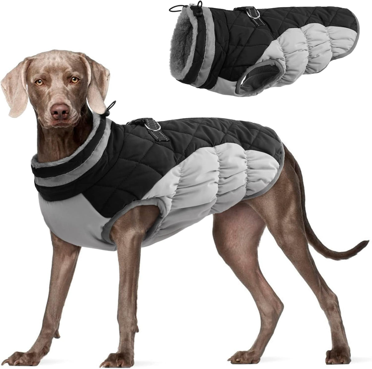 FUAMEY Dog Coat for Large Dogs,Waterproof Dog Winter Jacket with Harness Built in Puppy Cold Weather Coats Reflective Pet Vest with Zipper Warm Fleece Dogs Snowsuit Windproof Black XXL