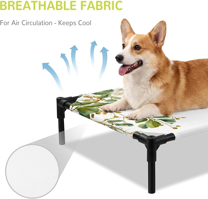 Outdoor Elevated Dog Bed for Large Dogs, Floral Vine Breathable Cooling Raised Dog Cot for Indoor/Outdoor, White Hanging Buds Botanical Flowers Farmhouse Waterproof Elevated Pet Beds, L 28 x 22 in