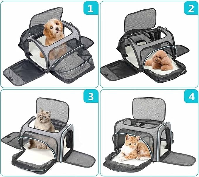 Expandable Cat Carrier Pet Carrier with 2 Extensions,Airline Approved Soft-Sided Portable Dog Travel Washable Carrier for Kittens,Puppies,Removable Soft Plush Mat (Black Red, Medium)
