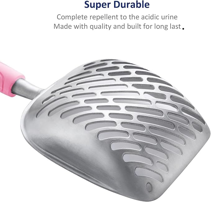 Cat Litter Scoop, Aluminum Alloy Sifter, Kitty Metal Scooper, Deep Shovel with Diagonal Sifting Hole, Long Handle, Kitten Poop Lifter for Litter Box, Medium Size, Pink Handle