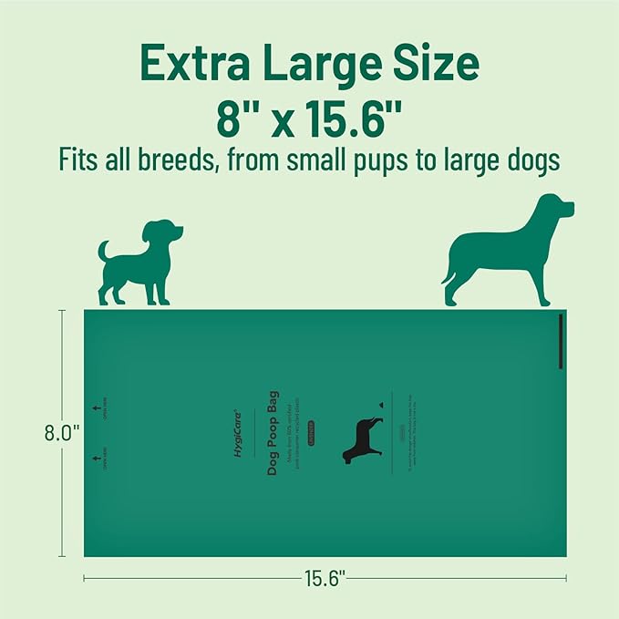HygiCare Extended Dog Poop Bags with Dispenser, 1000 Count, Pre-Separated, Lavender Scent, Eco-friendly Material, Extra Thick, 100% Leakproof, 8"x 15.6", Green