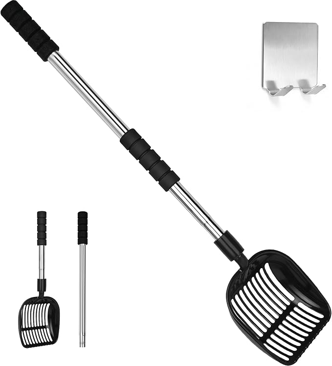 Cat Litter Scoop, Metal Litter Scooper with Detachable Long Handle, Cat Litter Sifter with Deep Shovel, Wide Slits for Easy Cleaning, Large Cat Poop Scooper Includes Hook