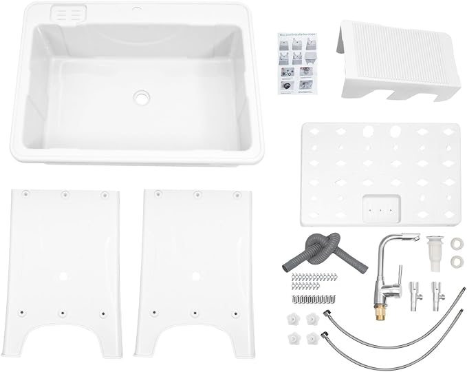 Plastic Utility Sink with 360° Swivel Hot and Cold Faucet Gray | 154 lbs Load Capacity, Equipped with Hose Hook Up, Includes Washboard, Bottom Storage Board, Suitable for Garages and Gardens