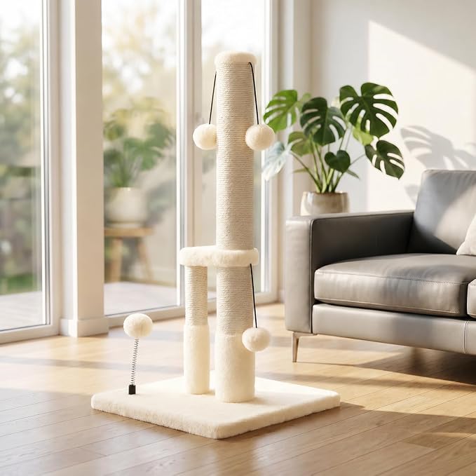 Dimaka Tall Cat Scratching Post, Double Lower Posts Extra Stable Cat Post Tree Scratcher with Sisal Rope and Teasing 4 Balls Total Large Base (Beige)