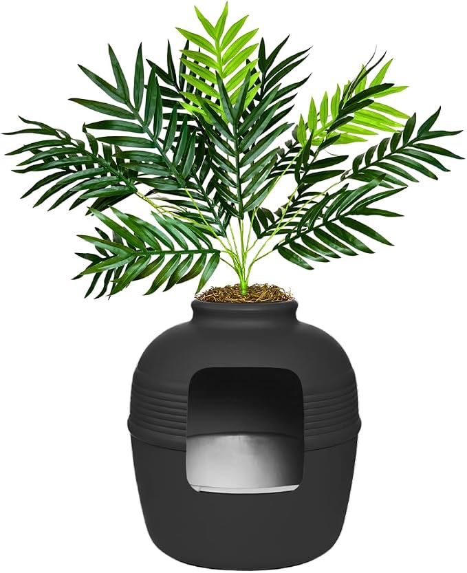 Good Pet Stuff Original Hidden Litter Box Planter, Decorative Cat Litter Enclosure with Carbon Filter, Artificial Palm Plant, Upgraded Design, Easy Clean Litter Tray, Essentials Kit, Black Suede