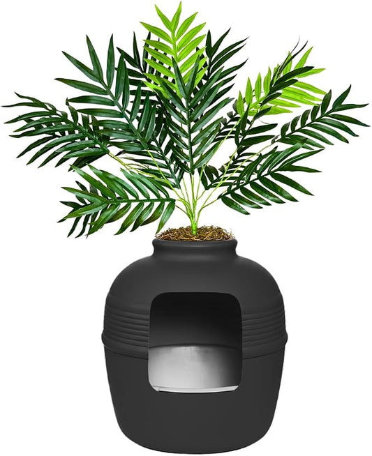 Good Pet Stuff Original Hidden Litter Box Planter, Decorative Cat Litter Enclosure with Carbon Filter, Artificial Palm Plant, Upgraded Design, Easy Clean Litter Tray, Essentials Kit, Black Suede
