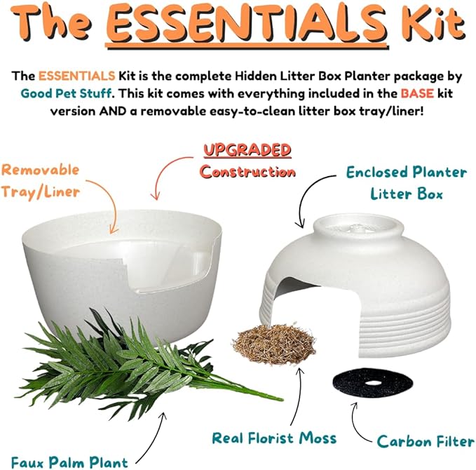 Good Pet Stuff Original Hidden Litter Box Planter, Decorative Cat Litter Enclosure with Carbon Filter, Artificial Palm Plant, Upgraded Design, Easy Clean Litter Tray, Essentials Kit, White Birch