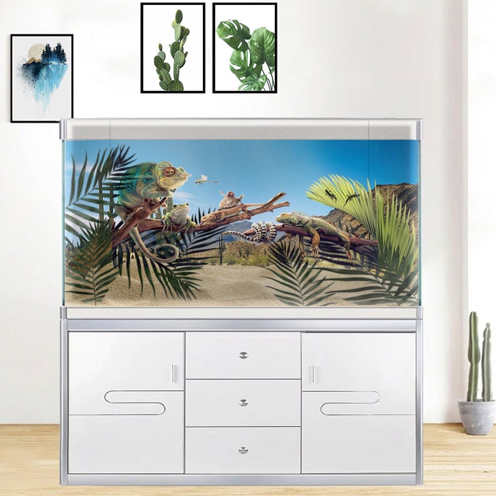 Reptile Habitat Background, Retro Desert Oasis Cactus Terrarium Background 72X16 in Background with 8 EVA Double-Sided Tape