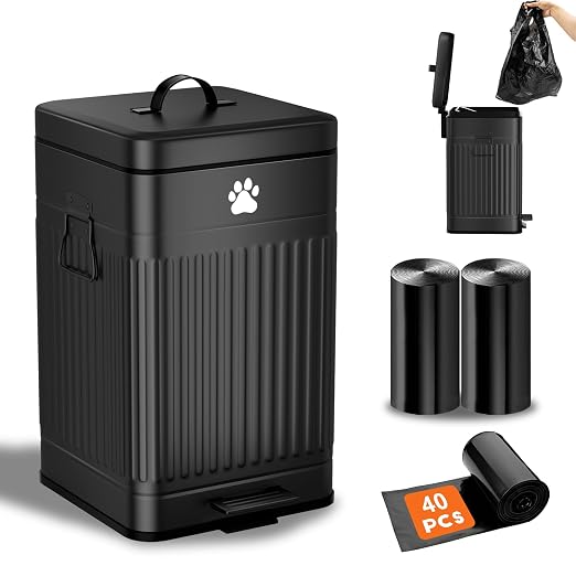 Dog Poop Trash Can Outside - 12L/3.1Gal Metal Outdoor Trash Can with Lid | Outdoor Dog Poop Trash Can with 40 Bags and Removable Inner Bin, Dog Waste Container with Lid Soft Close, Rectangular Black