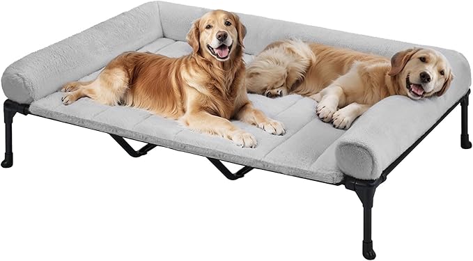 Veehoo Elevated Dog Beds Large Sized Dog with Fluffy Plush Bolster Cushion | Orthopedic Raised Dog Beds for Indoor Outdoor, Soft Pet Sofa Cot with Removable Washable Mat, No-Slip Feet, 59" x 37", Grey