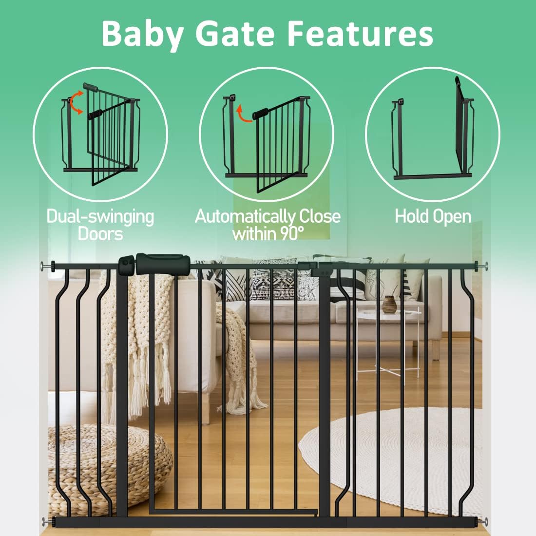 ALLAIBB Extra Wide Pressure Mounted Baby Gate Walk Through Child Kids Safety Toddler Tension Black Long Large Pet Dog Gates with Extension for doorways Kitchen (62.20-71.26"/158-181cm, Black)