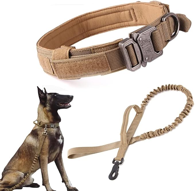 Tactical Dog Collar and Leash Set for Large Dogs with Control Handle，Brown | 1000D Heavy-Duty Nylon Fabric,Quick-Release Metal Buckle,Adjustable Fit,Soft-Padded Webbing,D-Ring,for Training & Hiking,XXL