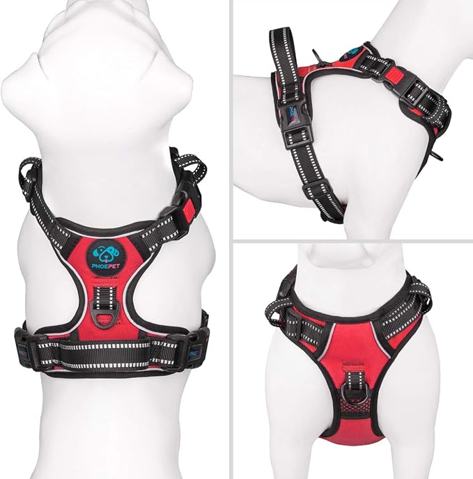 No Pull Dog Harness Medium Reflective Front Clip Vest with Handle | Adjustable 2 Metal Rings 3 Buckles[Easy to Put on & Take Off](M, Red)