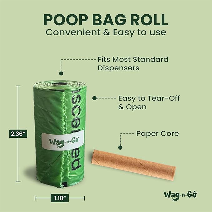 WAG-N-GO Dog Poop Bags Rolls, 120 Count Unscented Doggie Poop Bags, Leak-Proof, Easy Pet Waste Cleanup
