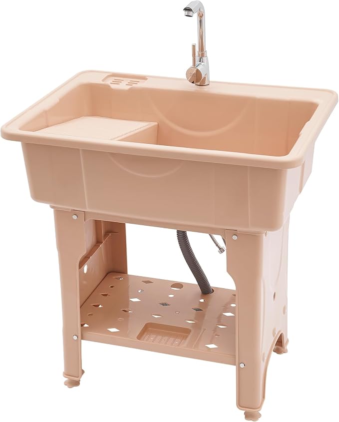 Plastic Utility Sink with 360° Swivel Hot and Cold Faucet Brown | 154 lbs Load Capacity, Equipped with Hose Hook Up, Includes Washboard, Bottom Storage Board, Suitable for Garages and Gardens