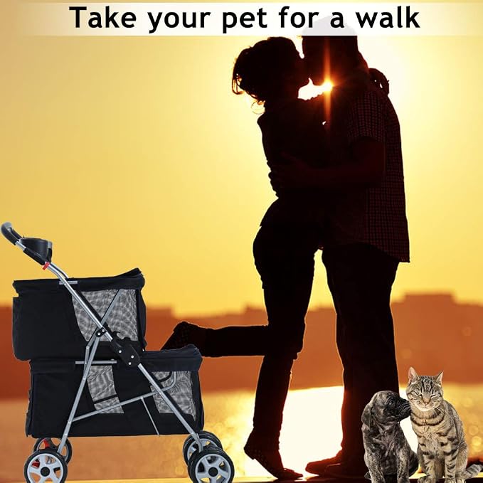Double Dog Stroller Pet Stroller Cat Stroller for Small Medium Dogs Cats 2 Doggie Puppy or Two Kitty 4 Wheels Folding Travel Carrier Cage with Cup Holders 35LBS Capacity Pet Jogger Strolling Cart