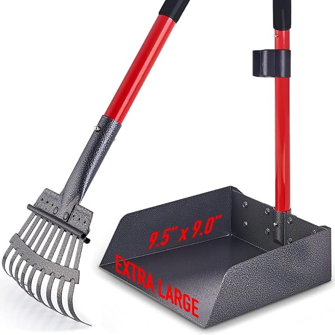 Metal Pooper Scooper for Dogs with Heavy Duty Long Handle Rake & XL Tray | Rustproof Aluminum Poop Scooper for Large Dogs with 9”W 9.5”L Extra Large Tray for Yard, Grass, Dirt & Gravel