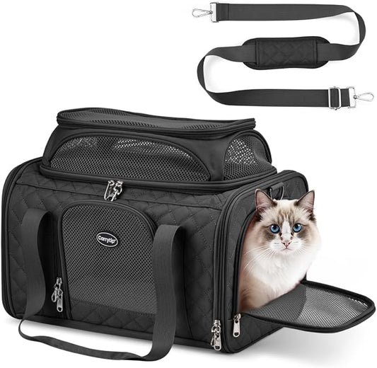 Cat Carrier Airline Approved 17x11x9.5 Inches, Top Expandable Soft Sided Pet Travel Carrier for Cats & Small Dogs, Fits Under Airline Seat with Locking Zippers, Black