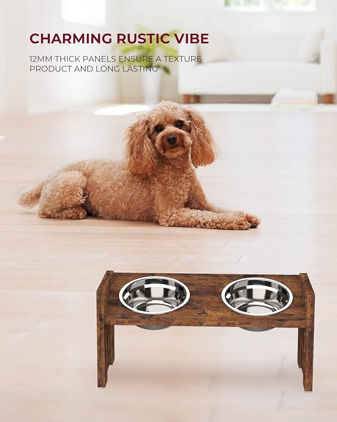 Elevated Dog Bowls, Raised Bowl Stand Adjustable Small, Rustic Brown | Particle Board Raised Feeder with 2 Stainless Steel Bowls, Adjustable Height for Small Puppies and Cats