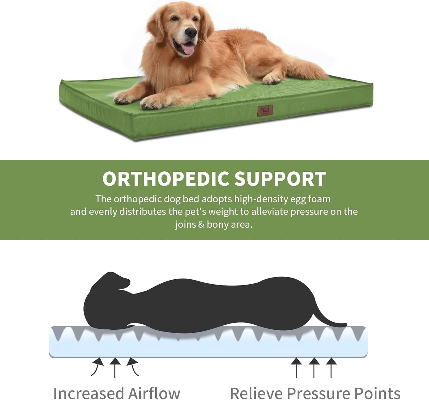Outdoor Extra Large Dog Bed, Jumbo Waterproof Dog Bed for Large Dogs, Orthopedic Egg Foam Pet Bed Mat with Removable Oxford Cooling Cover, Light Green