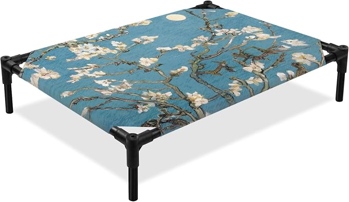 Outdoor Elevated Dog Bed for Large Dogs, Flowers Branches Breathable Cooling Raised Dog Cot for Indoor/Outdoor, Farmhouse Turquoise Sky Moon Tree Waterproof Elevated Pet Beds, L 28 x 22 in