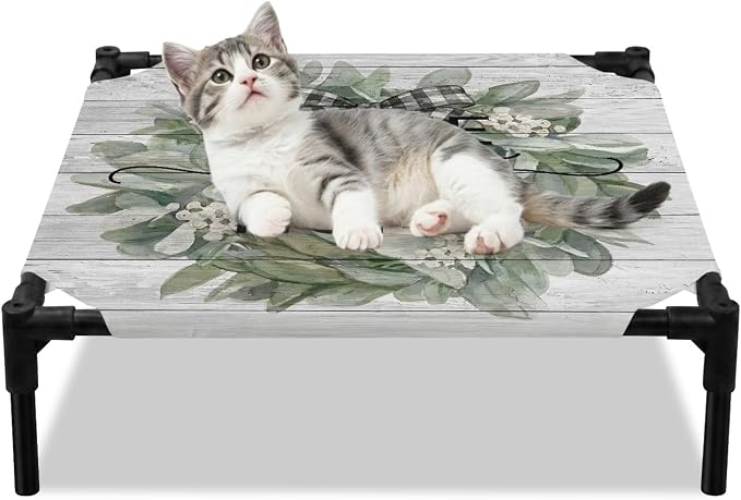 Outdoor Elevated Dog Bed for Small Dogs, Farmhouse Leaves Breathable Cooling Raised Dog Cot for Indoor/Outdoor, Florals Country Vintage Gray Wood Waterproof Elevated Pet Beds, S 20 x 20 in