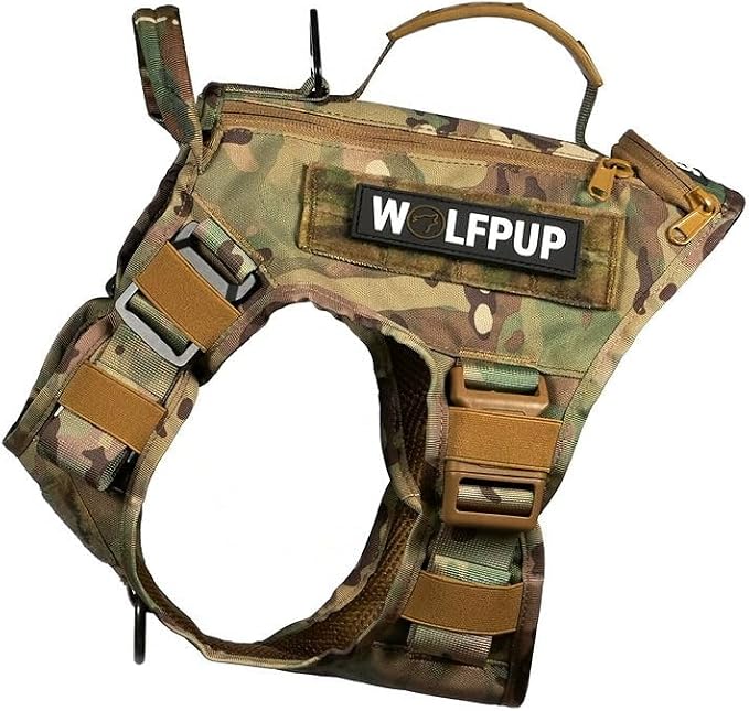 WOLFpak Tactical Dog Vest Harness No Pull Breathable MOLLE(Camo, X-Large) | Dual Grab Handles, 1000D Nylon, Four-Point Adjustment, MOLLE Attachment Panels, Three Storage Pockets, Metal Alloy Buckles