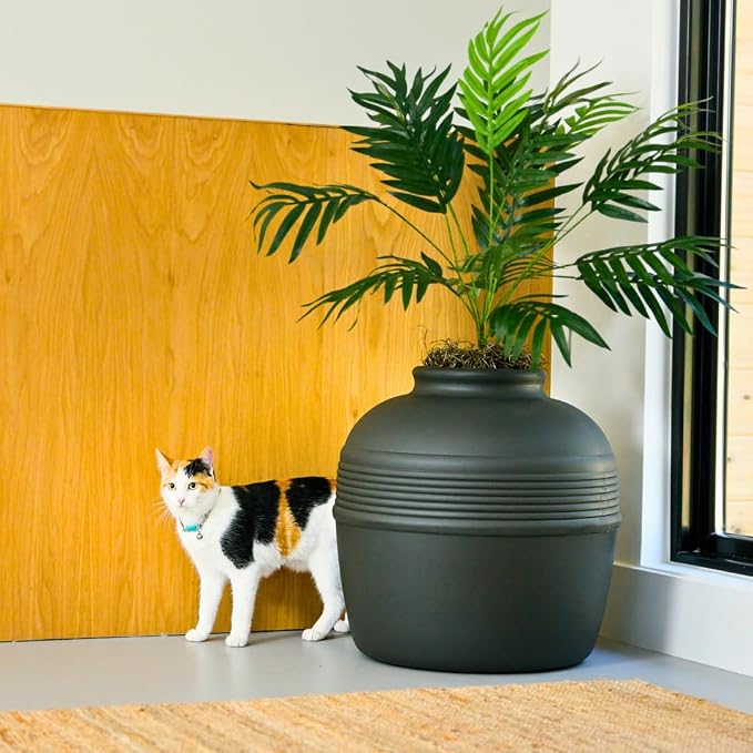 Good Pet Stuff Original Hidden Litter Box Planter, Decorative Cat Litter Enclosure with Carbon Filter, Artificial Palm Plant, Upgraded Design, Easy Clean Litter Tray, Essentials Kit, Black Suede