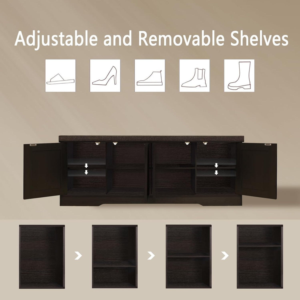 DINZI LVJ Shoe Bench, Entryway Storage Bench with Doors, Cushion, 2-Tier Shoe Rack with 8-Cubby, 47.2”L x 13.8”W Shoe Organizer Cabinet, Adjustable Shelf, Living Room, Bedroom, Espresso