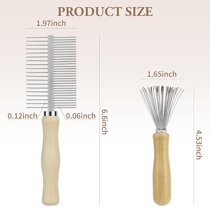2-Pack Dual-Sided Hair Brush Cleaning Tool - Mini Cleaner Comb with Wooden Handle for Removes Hair & Buildup from Boar Bristle, Paddle, Detangling & Styling Brushes