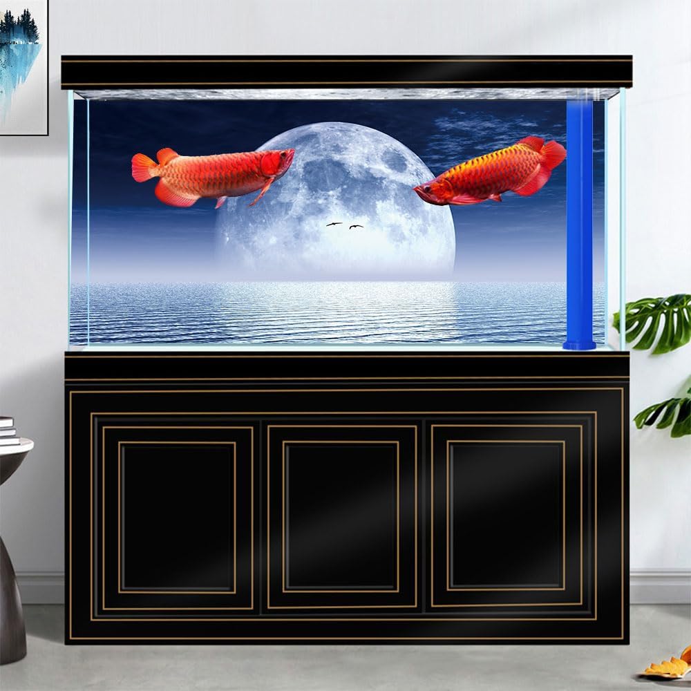 Moon Aquarium Background,Cool Sea Galaxy Parallel Space Themed Fish Tank Background, Cool Terrarium Background 24X16IN with 8 EVA Double-Sided Tape