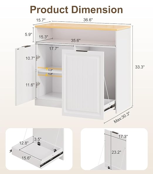 ZIFTY Pull Out Trash Can Cabinet for 13 Gallon Can with Storage, White | Pet Proof, Freestanding Kitchen Island Cabinet, Adjustable Shelf, Garbage Recycling, Modern Farmhouse Waste Bin Furniture
