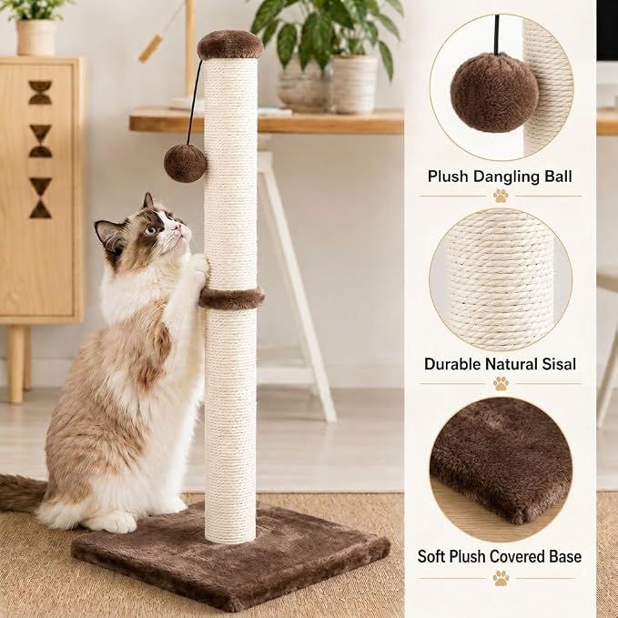 Dimaka 34" Height Tall Cat Scratching Post, Claw Scratcher with Sisal Rope and Covered with Soft Smooth Plush, Vertical Scratch [Full Strectch] for All Cats (Dark Brown, 34 inches for Large Cats)