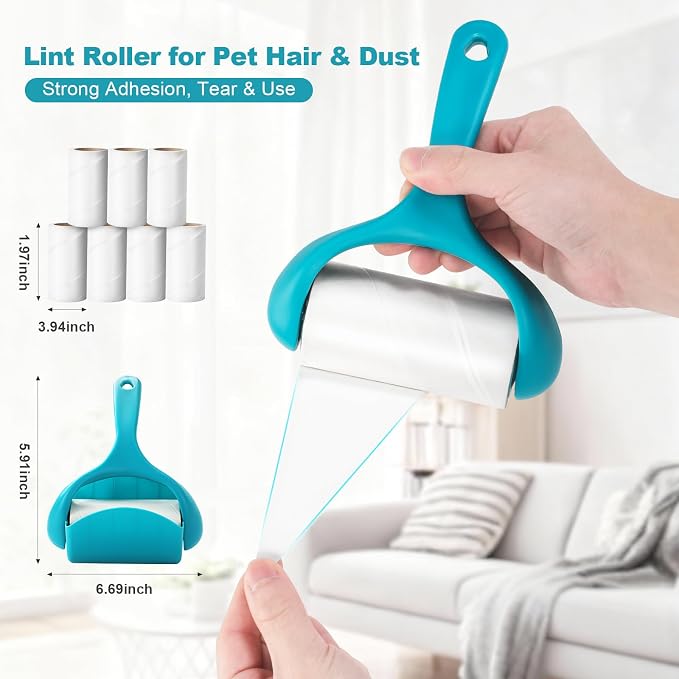 Super Sticky Pet Hair Remover Roll 350 Sheets Set with Upgraded Handle, 7 Rolls, Portable Hair Remover for Clothes, Furniture, Carpets, Dog and Cat Hair