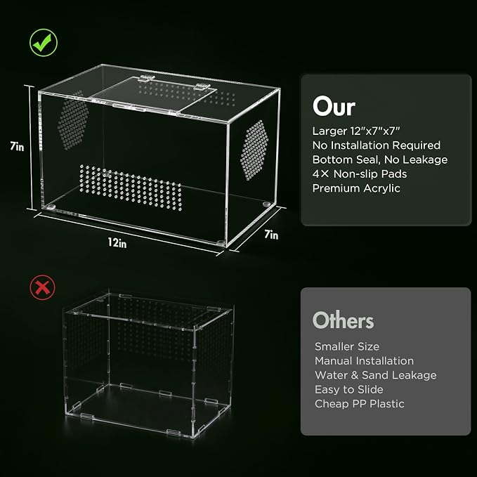 Pre-Assembled Jumping Spider Enclosure, All-Side Ventilation | 12"x7"x7" Escape-Proof Spider Terrarium Kit with Magnetic Door for Tarantula, Mantis, Snail, Tweezer & Temp Sticker Included