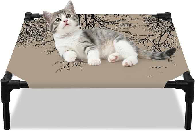 Outdoor Elevated Dog Bed for Small Dogs, Brown Black Branches Breathable Cooling Raised Dog Cot for Indoor/Outdoor, Botanical Dead Tree Birds Waterproof Elevated Pet Beds, S 20 x 20 in
