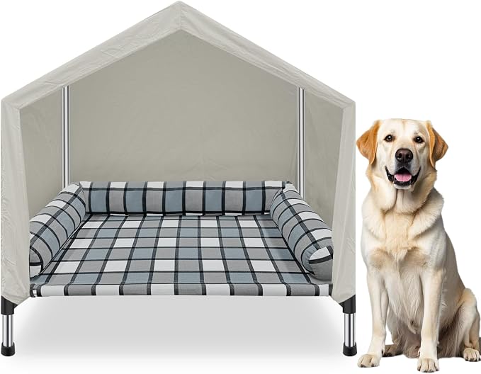 Elevated Dog Bed House with Canopy & Bolster, 2-in-1 Outdoor Raised Dog Cot | Weatherproof Cooling Indoor Pet Cot with Pillow, Portable Tent Dog Cot with Stainless Steel Frame & Sunshade Fabric
