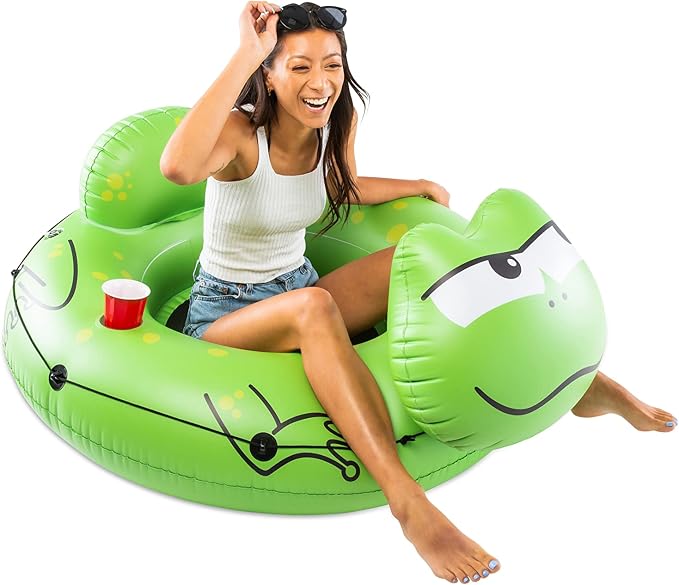 BigMouth Inc Large Frog River Tube with Mesh Seat, Heavy Duty Vinyl Raft for Waterway Drifting, Built-in Cup Holder and Grab Rope, Comfortable Floating Ride for Lakes, Streams, Adults and Kids