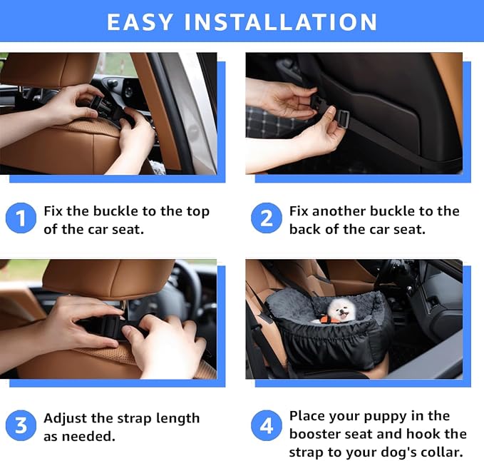 Oiilores Dog Car Seat for Small Dogs, Washable Pet Booster Seats with Clip-On Safety Leash, Comfy Deluxe Plush Carseat with Storage Pockets, Puppy Car Travel Carrier Bed for Dogs Under 25 lbs, Black