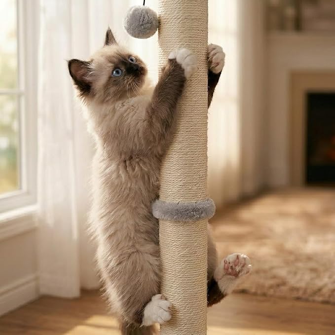 Dimaka 34" Tall Cat Scratching Post for Large Cats and Kittens, High Vertical Scratcher with Premium Natural Sisal Rope and Interactive Hanging Ball for Indoor Cat(Grey, 34 inches for Large Cats)