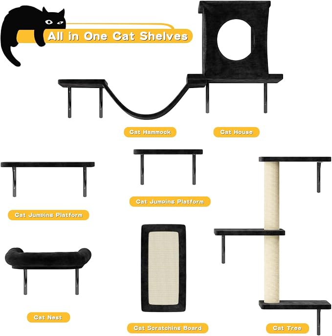 12-in-1 Cat Wall Shelves, Luxury Wall-Mounted Cat Climber Set with Condos House, Scratching Post, Bridge Ladder, Indoor Space-Saving Furniture for Kittens, Black