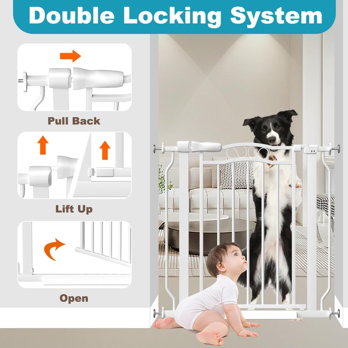 Extra Wide Dog Gate for Doorways 72-81.5 in, Walk Through Long Baby Gates for Large Openings, No Drill Child Safety Gate for Pets Kids Toddler, Doggy Barrier Indoor Metal, 30" Tall White