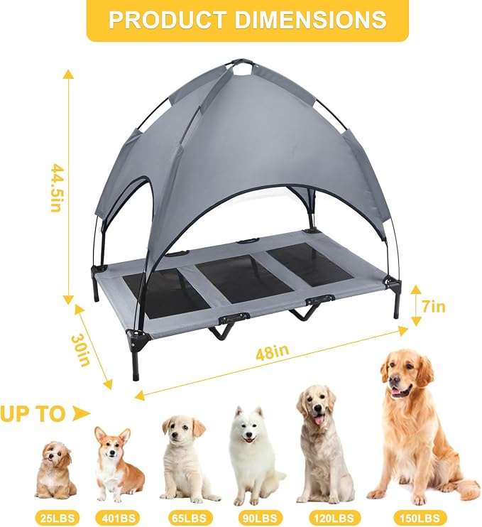 Elevated Dog Bed with Canopy, 48-inch Waterproof Pet Cot, Portable Outdoor Pet Bed with Carry Bag, Indoor/Outdoor Cooling Canopy Dog Tent for Large Dogs (Gray)